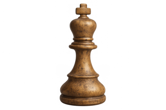 Classic wooden king chess piece standing on a transparent background, representing strategy, leadership, and victory in the game