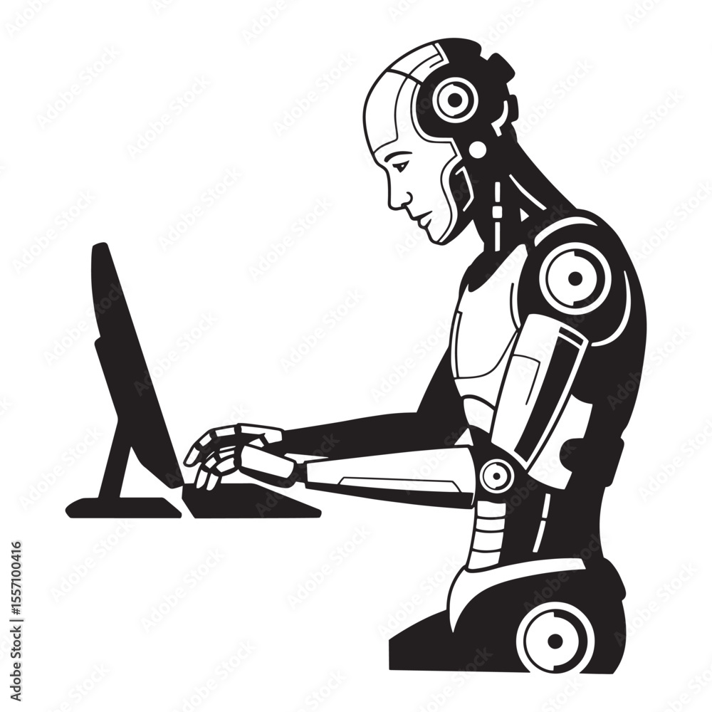 Poster black and white futuristic robot working on a computer with high technology design