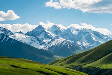 Fototapeta premium Scenic Snow-Capped Mountains with Green Rolling Hills under Blue Sky