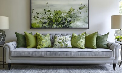 Stylish living room featuring a gray sofa adorned with green accent pillows, complemented by botanical wall art. Generative Ai