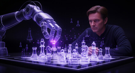 Man faces a robotic arm playing chess, showcasing artificial intelligence and the future of strategy