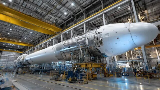 A major rocket assembly takes place in a large facility, showcasing the complex processes of space exploration