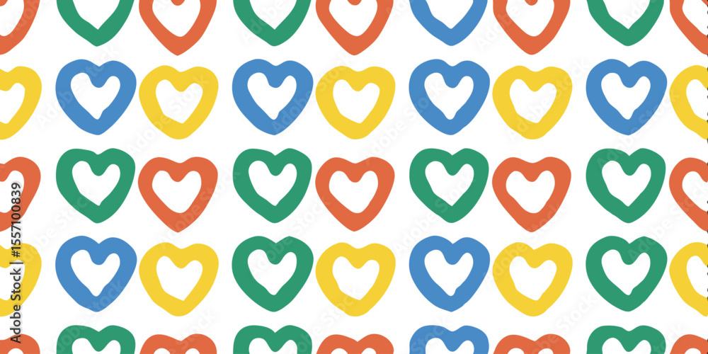 Poster colorful heart pattern: a vibrant, repeating pattern of hand-drawn hearts in an array of bright colo