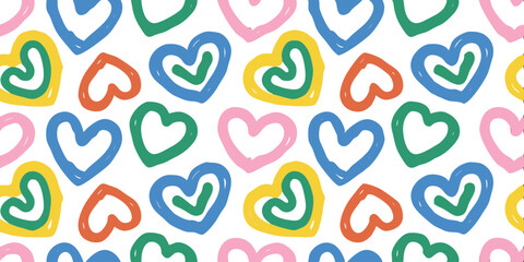 Colorful Heart Pattern: A cheerful seamless pattern featuring hand-drawn hearts in a variety of vibrant colors, perfect for adding a touch of playful romance to any project.