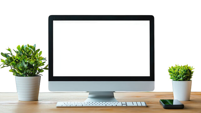 Computer with blank white screen on desk with small potted plants