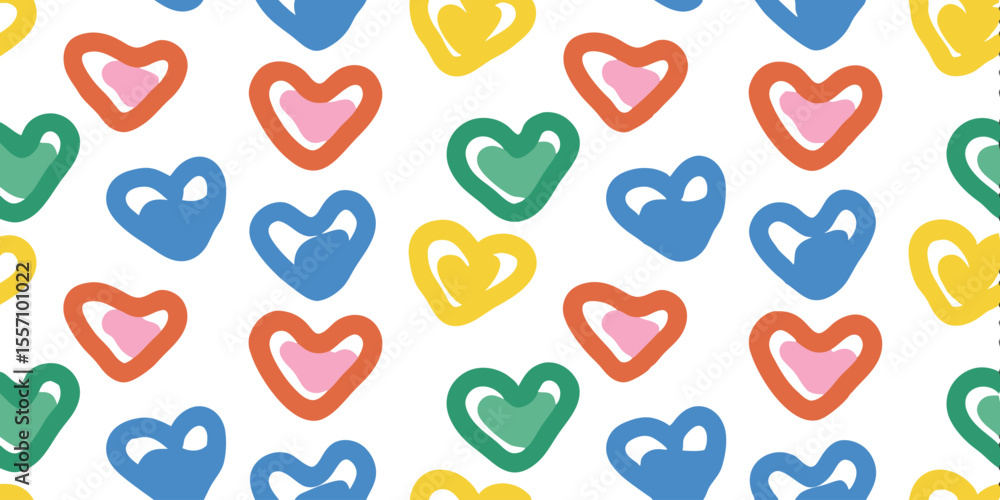 Poster colorful heart pattern: a vibrant, seamless pattern of hand-drawn hearts in a spectrum of bright col