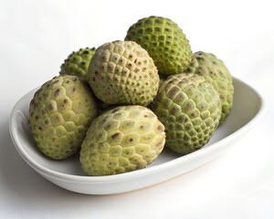 Plate Full of Whole Monstera Fruits on White Background