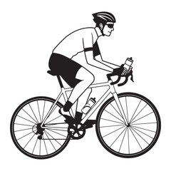 Naklejka premium Black and white line art of a cyclist riding a road bike with water bottles