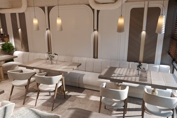 modern cafe seating with wooden tables, soft lighting, and elegant decor