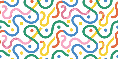 Colorful Wavy Pattern: A vibrant and playful abstract pattern of intertwined colorful squiggly lines and dots, creating a dynamic and visually engaging composition, full of energy and creativity.