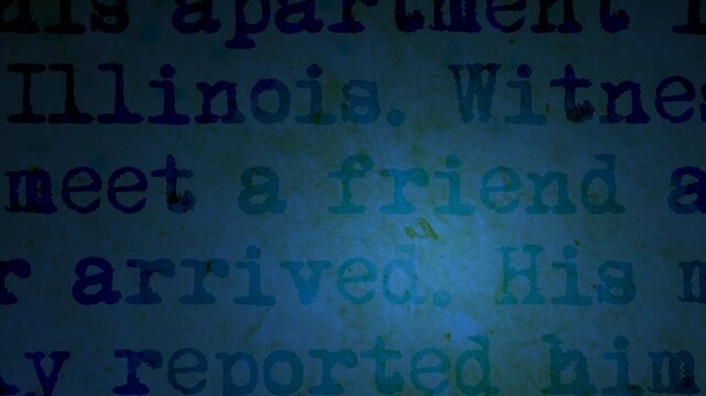 Missing persons file on animated blue title sequence background PUSH shot