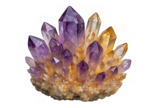 Cluster of vibrant citrine and amethyst crystals showcasing their unique formations and colors on a transparent background