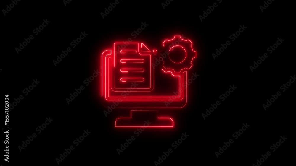 Aufkleber red neon computer screen with document and gear icon on black background
