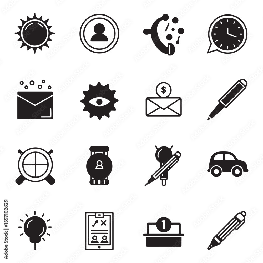 Poster collection of simplified icon graphics depicting various concepts and business elements