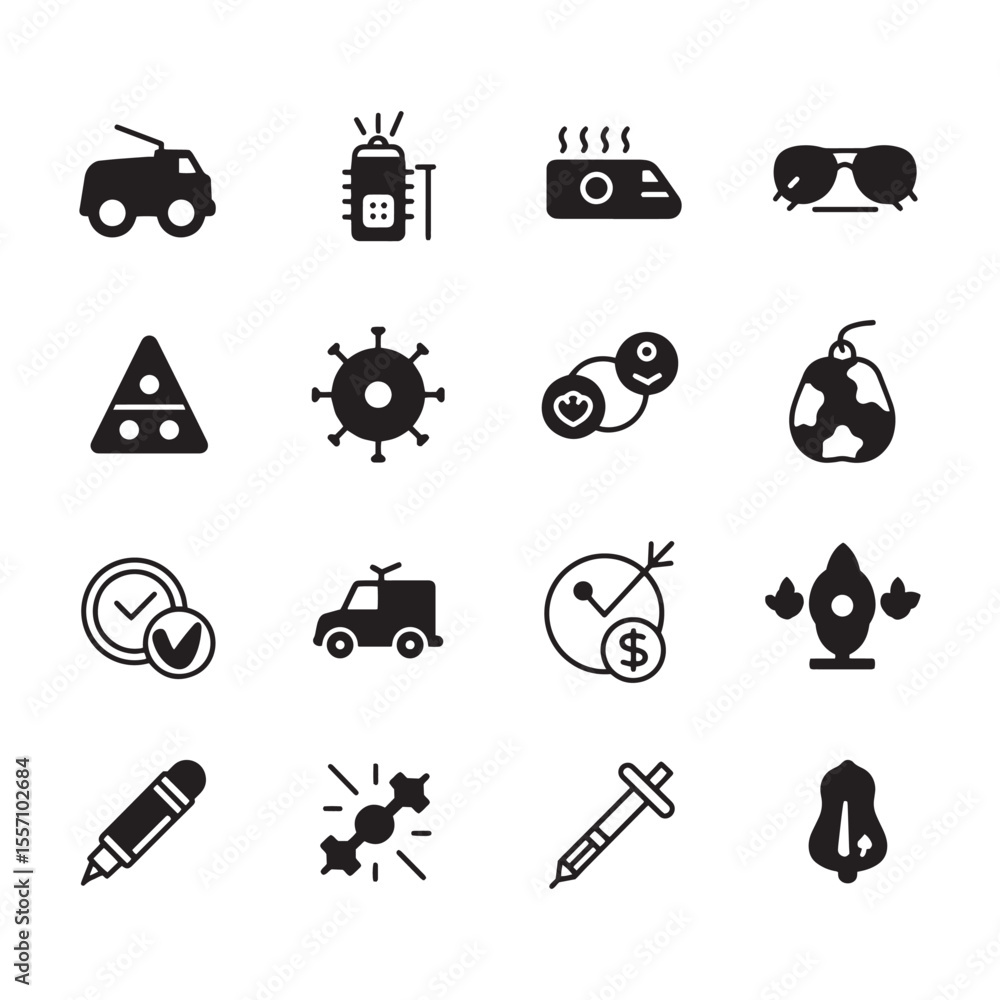 Poster collection of various black icons representing diverse concepts and elements in flat design
