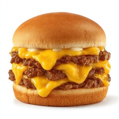 Delicious double cheeseburger with beef patties melted cheddar cheese pickles and soft bun on white background