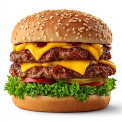 Delicious double cheeseburger with sesame seed bun fresh lettuce tomato and melted cheese beef patties isolated on white background