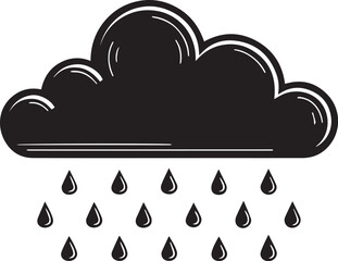 Black silhouette cloud raining droplets icon in flat vector style, minimal weather symbol for rain, forecast, storm, precipitation, meteorology, climate, sky, and nature design