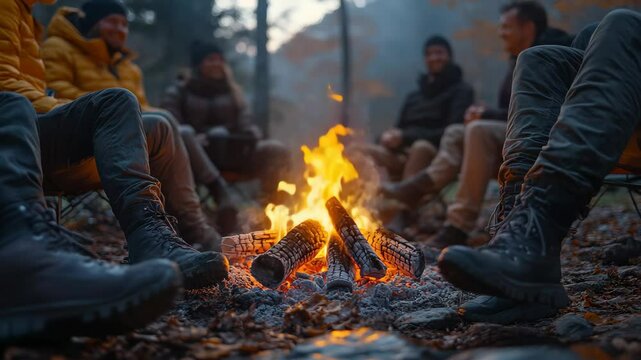 A cozy gathering unfolds as friends sit in a circle around a crackling fire, sharing laughter and stories. The autumn leaves create a stunning backdrop in the tranquil forest evening.