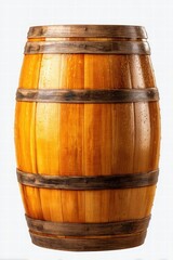 Obraz premium Traditional wooden barrel with metal hoops, used for aging wine or whiskey, tall cylindrical shape, polished surface, rustic old-fashioned design, on white background