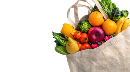Grocery bag with fresh fruits and vegetables on a white background, top view. Concept of healthy eating or a food delivery service.