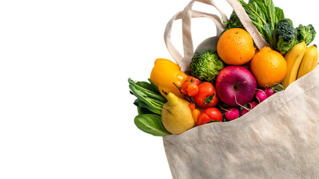 Grocery bag with fresh fruits and vegetables on a white background, top view. Concept of healthy eating or a food delivery service.
