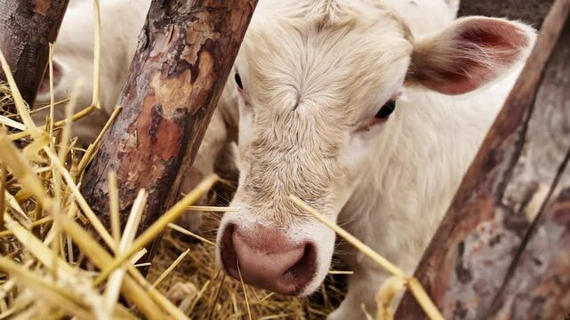 Inquisitive Charolais Calf Peeking Through Wooden Fence &ndash; Adorable Moment on Rural Farm.
