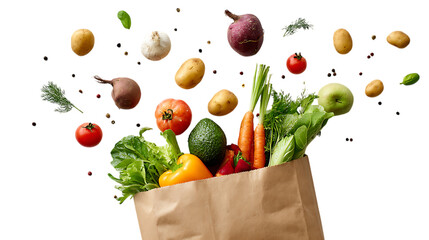 Grocery bag with fresh fruits and vegetables on a white background, top view. Concept of healthy eating or a food delivery service.