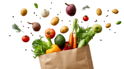 Grocery bag with fresh fruits and vegetables on a white background, top view. Concept of healthy eating or a food delivery service.