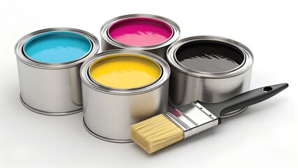 A sleek arrangement of CMYK ink color paints—cyan, magenta, yellow, and black—sits in glossy open cans, their smooth, vibrant surfaces catching the light with a rich, almost liquid sheen