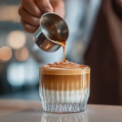 Barista skillfully pours caramel syrup over layered coffee in a modern cafe setting in the afternoon