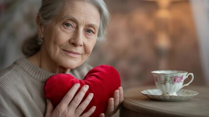Thoughtful senior woman holds red heart gentle lighting indoor closeup portrait of older woman expressing peace and affection perfect for products related to senior care or romance