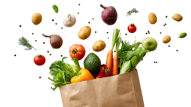 Grocery bag with fresh fruits and vegetables on a white background, top view. Concept of healthy eating or a food delivery service.