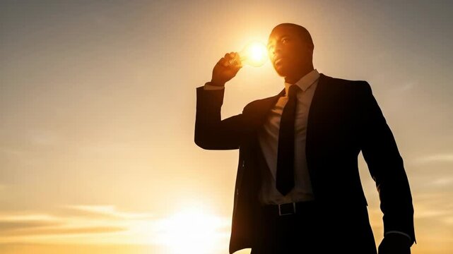 Man Holding Bright Lightbulb at Sunset