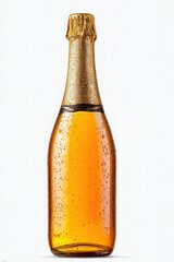 Close-up of a golden bubbly sparkling drink in a glass bottle with condensation on a white background perfect for celebration or beverage concepts