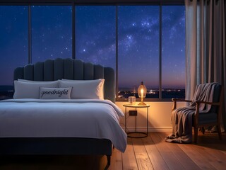Serene Bedroom Nightscape: A tranquil bedroom offers a sanctuary of peace, featuring a soft, inviting bed set against a panoramic window displaying a breathtaking starry night.