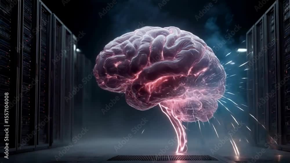 Poster an illuminated, high-tech digital representation of a brain surrounded by glowing sparks, set agains