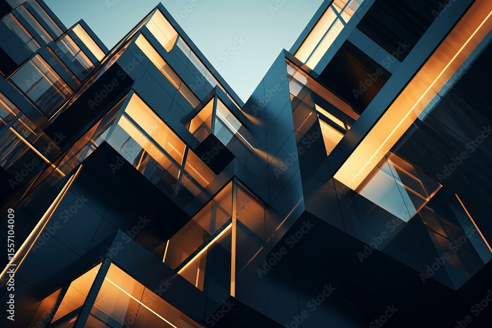 Poster abstract modern building with illuminated windows creating a futuristic cityscape at dusk