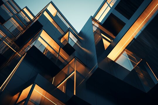 Abstract modern building with illuminated windows creating a futuristic cityscape at dusk