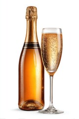 Elegant champagne bottle with golden foil and a tall flute glass filled with bubbly sparkling wine on a plain white background, celebrating special occasion