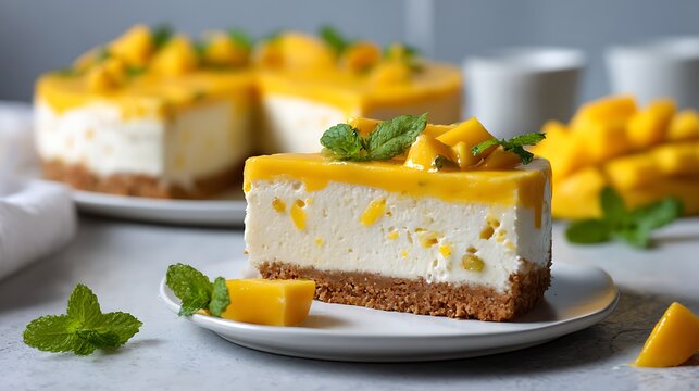Rich mango cheesecake topped with mint / とろけるマンゴーとミントを添えた濃厚チーズケーキ