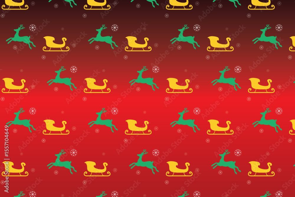 Poster festive repeating pattern of green reindeer and yellow sleighs with snowflakes on a red gradient bac