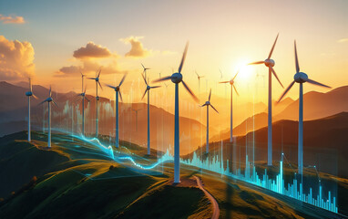 Wind turbines on a hillside with futuristic data visualization at sunset