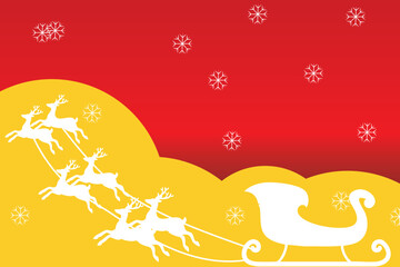 Santa s sleigh pulled by reindeer with snowflakes on a festive red and yellow background