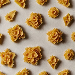 Vector art of various pasta shapes arranged in a neat pattern on a white background