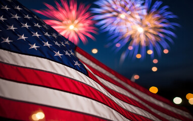 American flag waves proudly against a backdrop of festive fireworks
