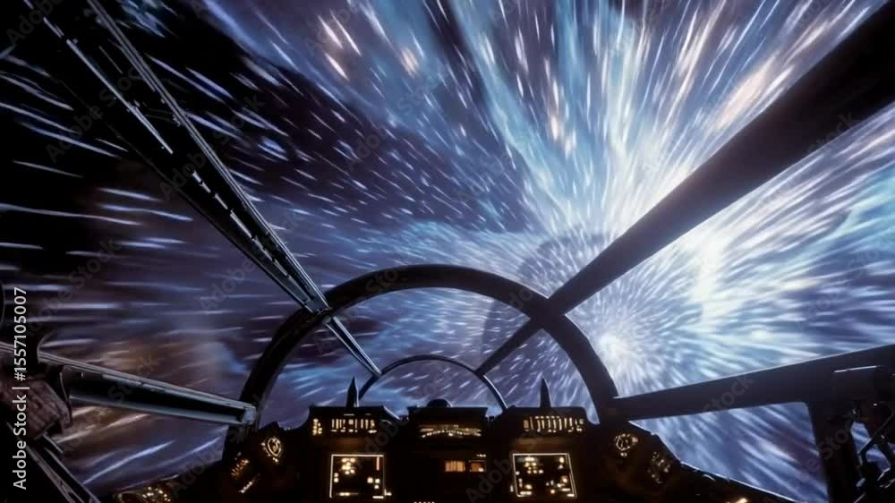 Poster the image shows a view from the cockpit of a spacecraft, looking out into a star-filled sky with a c