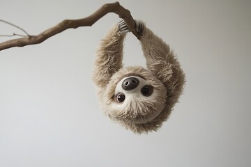 A plush sloth toy with oversized embroidered eyes, hanging upside down from an invisible branch on white 