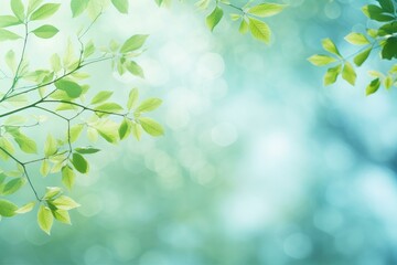 Obraz premium Bright green leaves frame a soft focus bokeh background, illuminated by sunlight, evoking a feeling of springtime freshness and tranquility