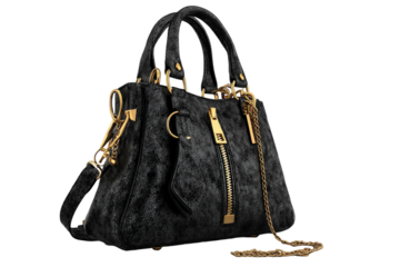 Elegant black handbag with gold accents, stylish design, luxurious texture, perfect accessory for formal and casual occasions, stylish women's fashion statement